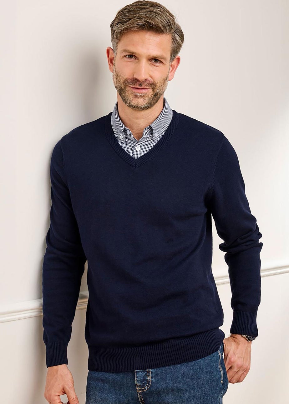 Cotton Traders Midnight Blue Luxury Cotton V-Neck Mock Shirt Jumper