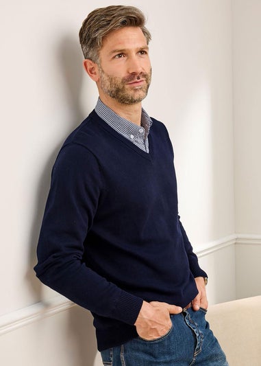 Cotton Traders Midnight Blue Luxury Cotton V-Neck Mock Shirt Jumper