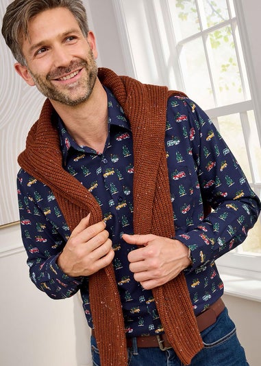 Cotton Traders Dark Blue Luxury Long Sleeve Soft Touch Print Shirt