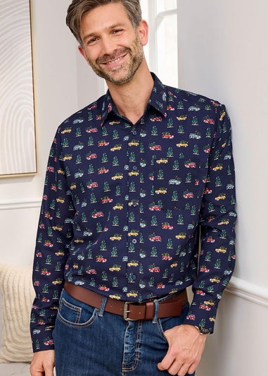 Cotton Traders Dark Blue Luxury Long Sleeve Soft Touch Print Shirt