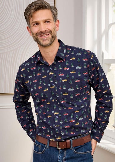 Cotton Traders Dark Blue Luxury Long Sleeve Soft Touch Print Shirt