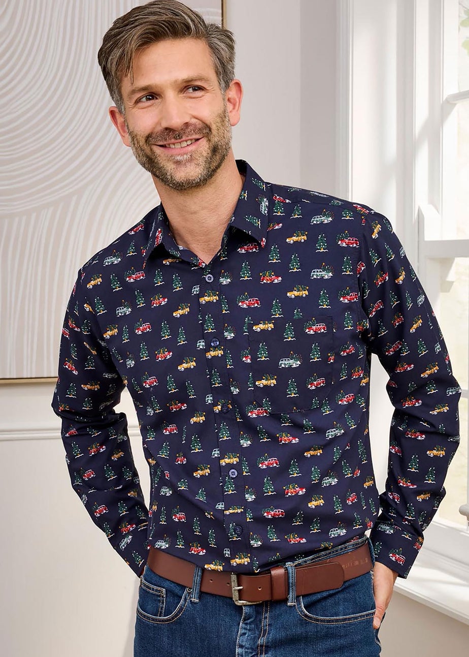 Cotton Traders Dark Blue Luxury Long Sleeve Soft Touch Print Shirt