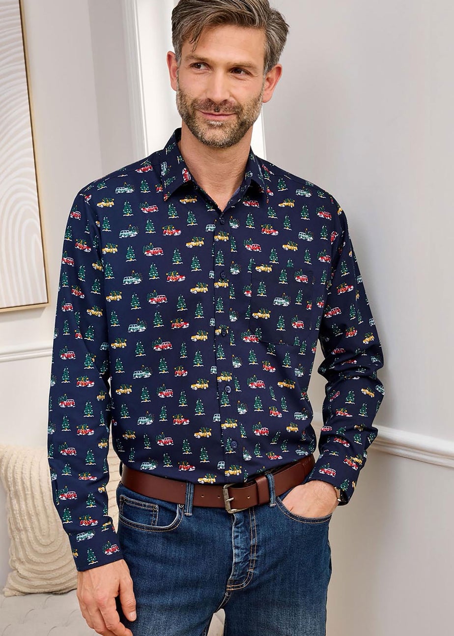 Cotton Traders Dark Blue Luxury Long Sleeve Soft Touch Print Shirt