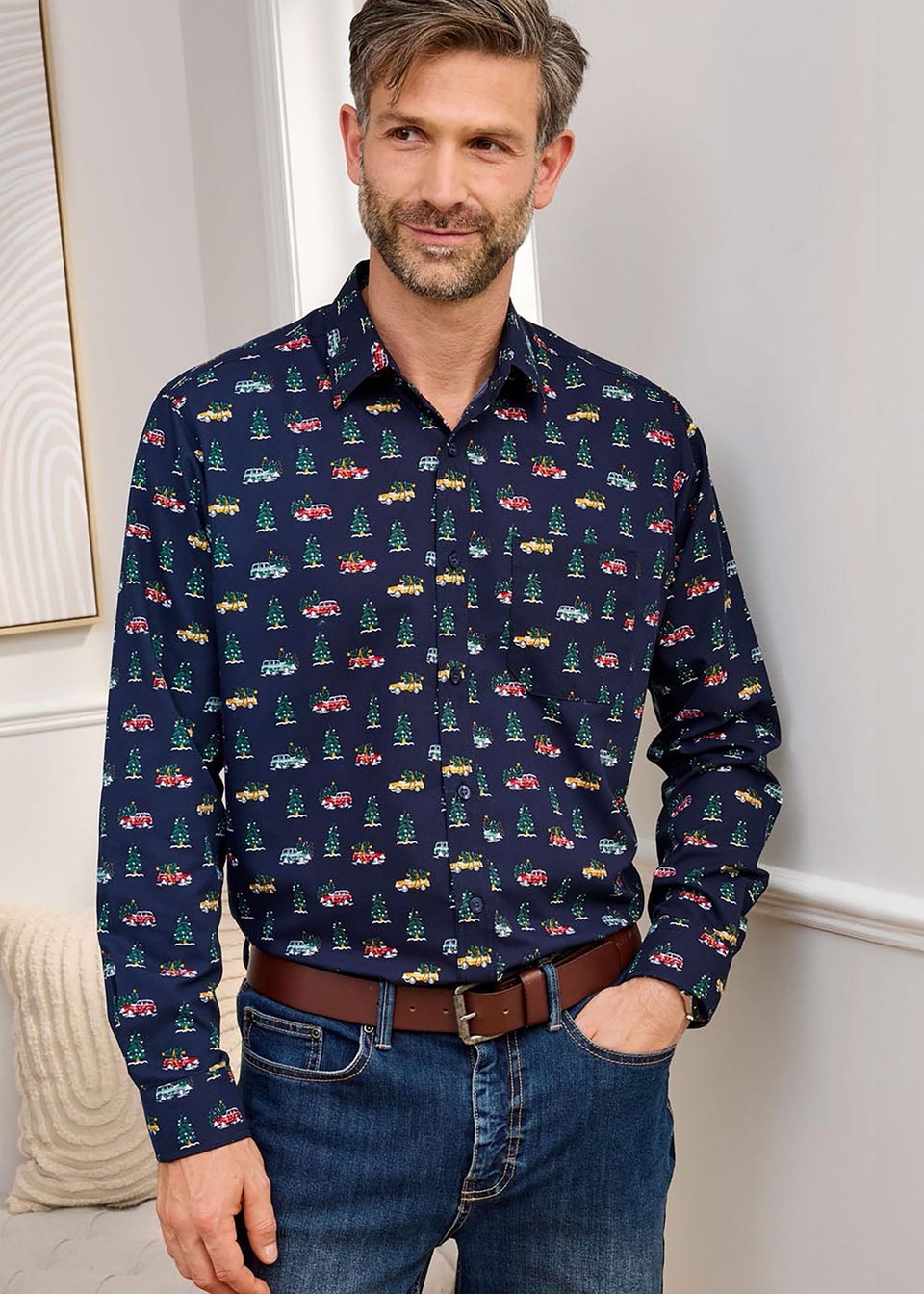 Cotton Traders Dark Blue Luxury Long Sleeve Soft Touch Print Shirt