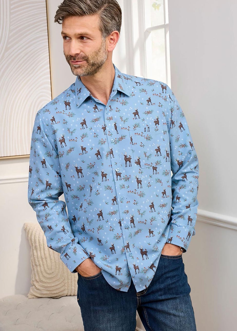 Cotton Traders Pale Blue Luxury Long Sleeve Soft Touch Print Shirt