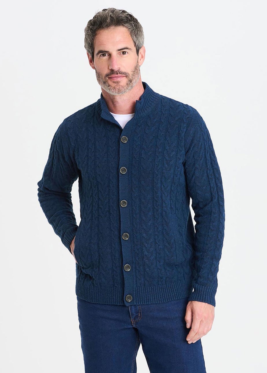 Cotton Traders Dark Blue Cable Knit Button Through Cardigan