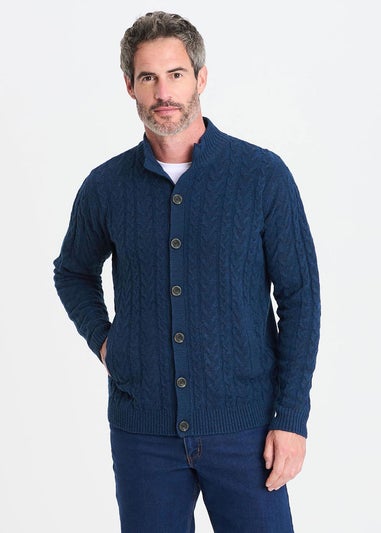 Cotton Traders Dark Blue Cable Knit Button Through Cardigan