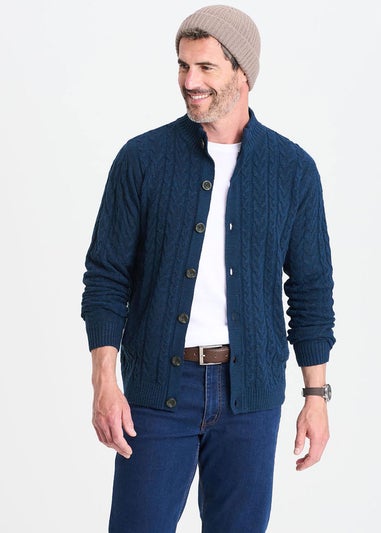 Cotton Traders Dark Blue Cable Knit Button Through Cardigan