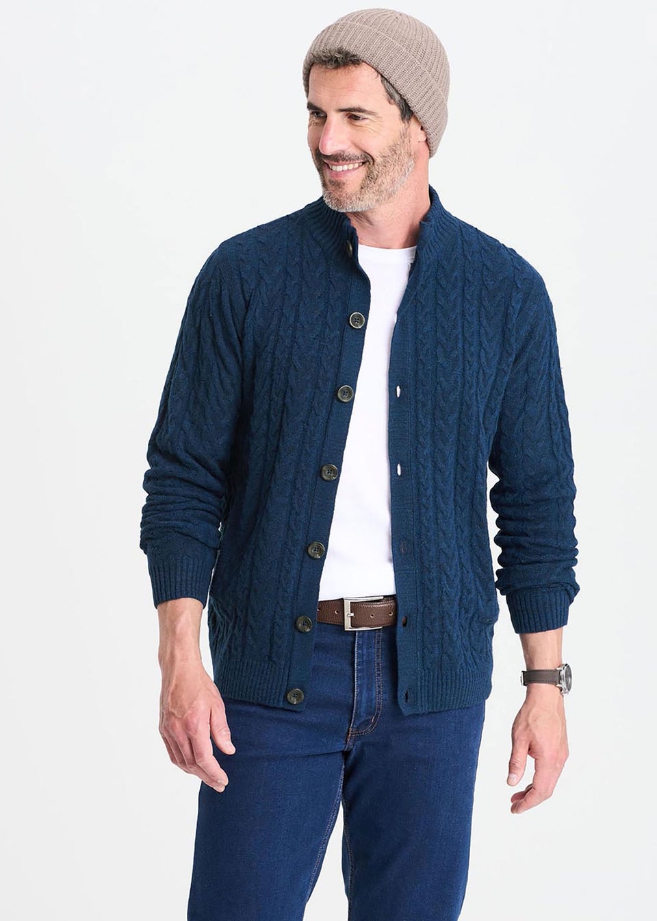 Cotton Traders Dark Blue Cable Knit Button Through Cardigan