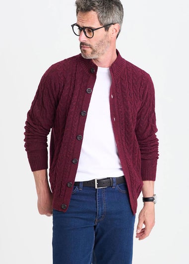 Cotton Traders Burgundy Cable Knit Button Through Cardigan