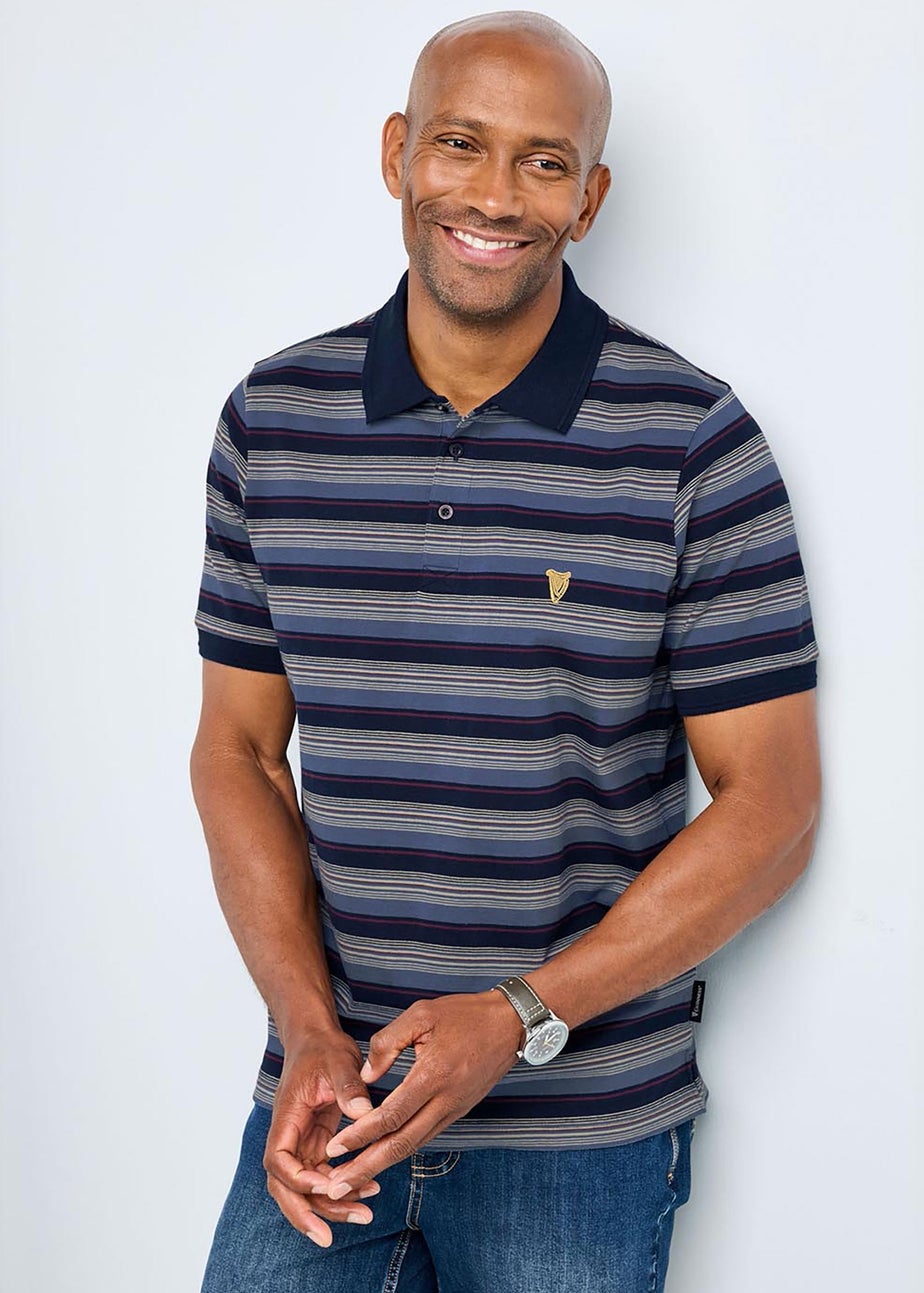 Cotton Traders Dark Blue Guinness Short Sleeve Fine Stripe Polo Shirt