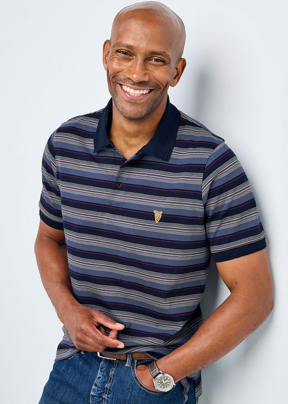 Cotton Traders Dark Blue Guinness Short Sleeve Fine Stripe Polo Shirt