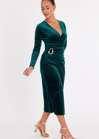 Quiz Green Petite Velvet Wrap Midaxi Dress