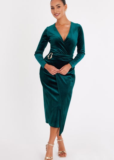 Quiz Green Petite Velvet Wrap Midaxi Dress