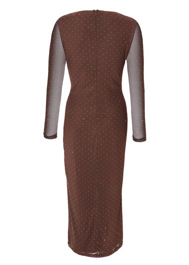 Quiz Brown Petite Diamante Mesh Midaxi Dress