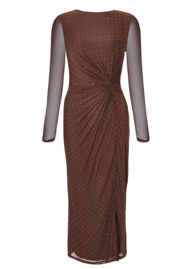 Quiz Brown Petite Diamante Mesh Midaxi Dress