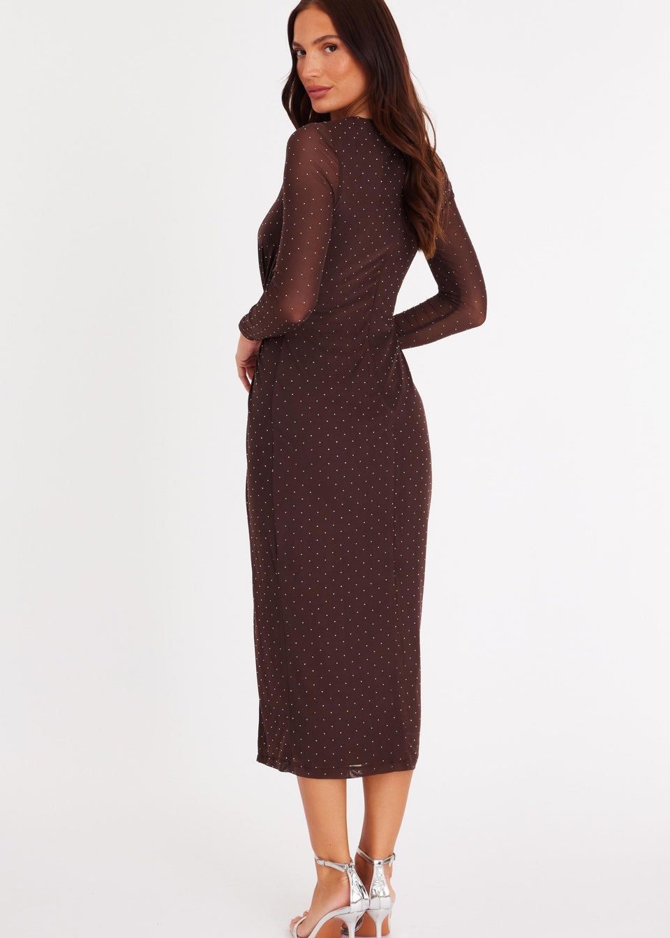 Quiz Brown Petite Diamante Mesh Midaxi Dress
