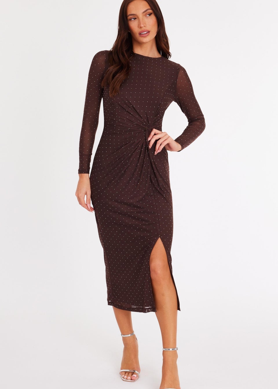Quiz Brown Petite Diamante Mesh Midaxi Dress