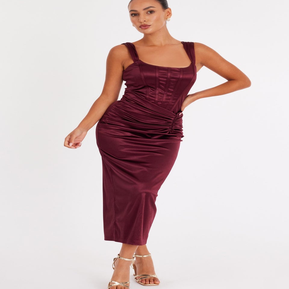 Quiz Burgundy Petite Square Neck Satin Midaxi Dress