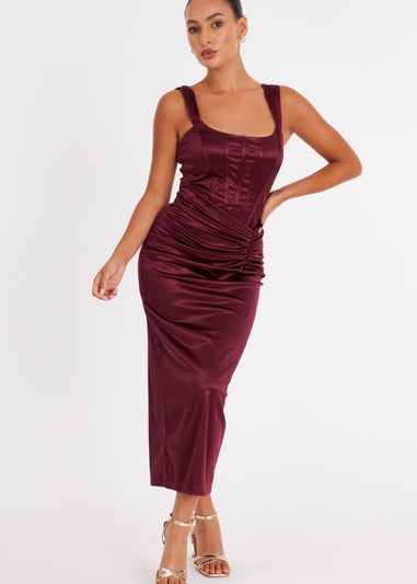 Quiz Burgundy Petite Square Neck Satin Midaxi Dress