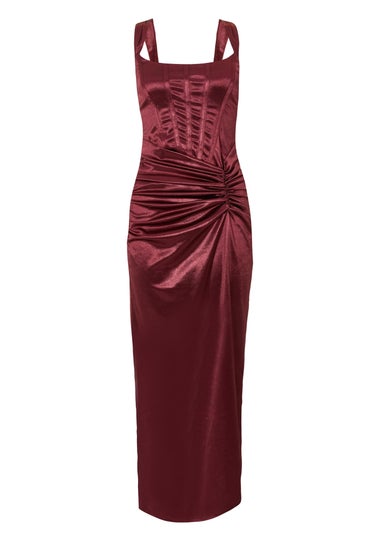 Quiz Burgundy Petite Square Neck Satin Midaxi Dress