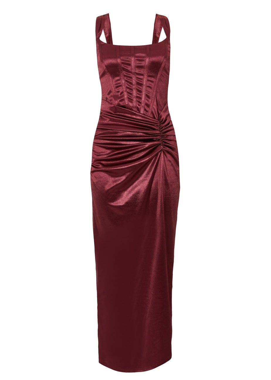 Quiz Burgundy Petite Square Neck Satin Midaxi Dress