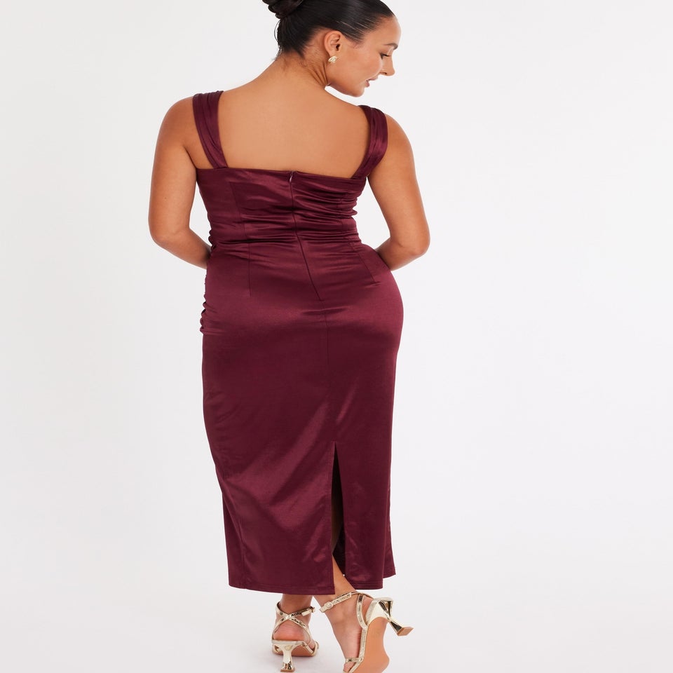Quiz Burgundy Petite Square Neck Satin Midaxi Dress