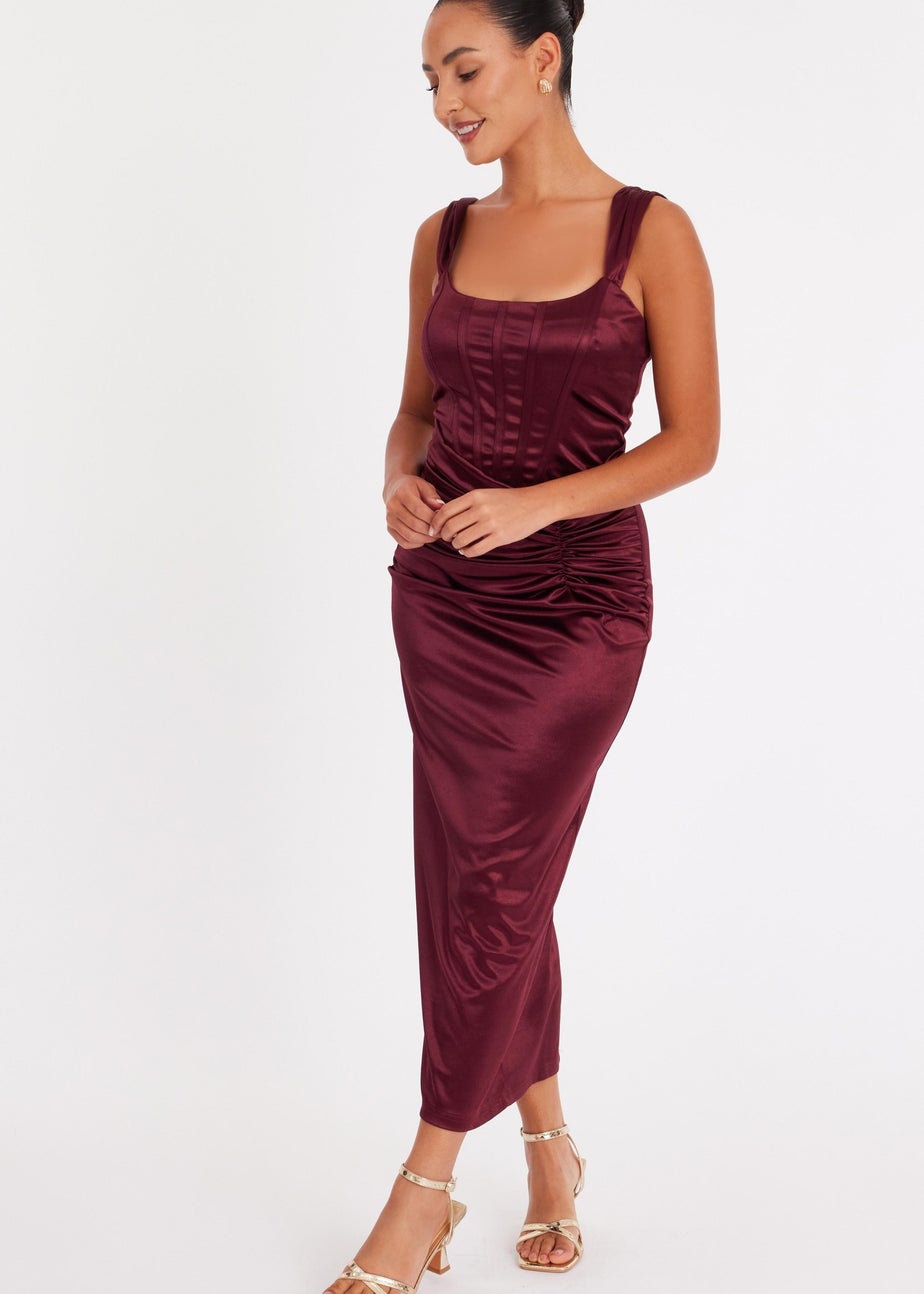 Quiz Burgundy Petite Square Neck Satin Midaxi Dress