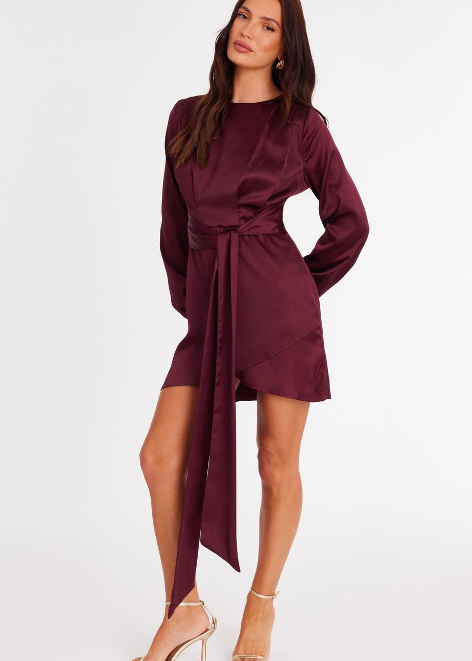 Quiz Burgundy Satin Draped Mini Dress