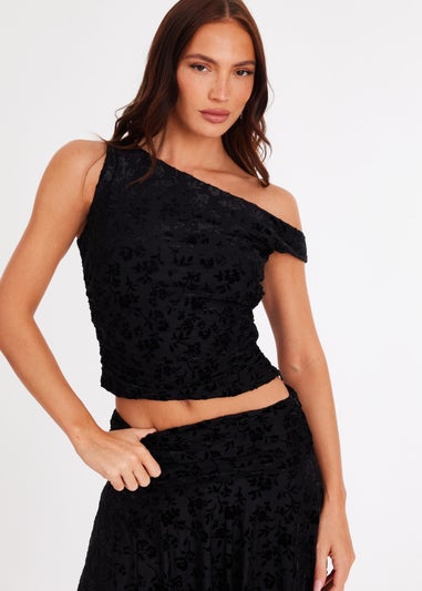 Quiz Black Velvet Floral Crop Top