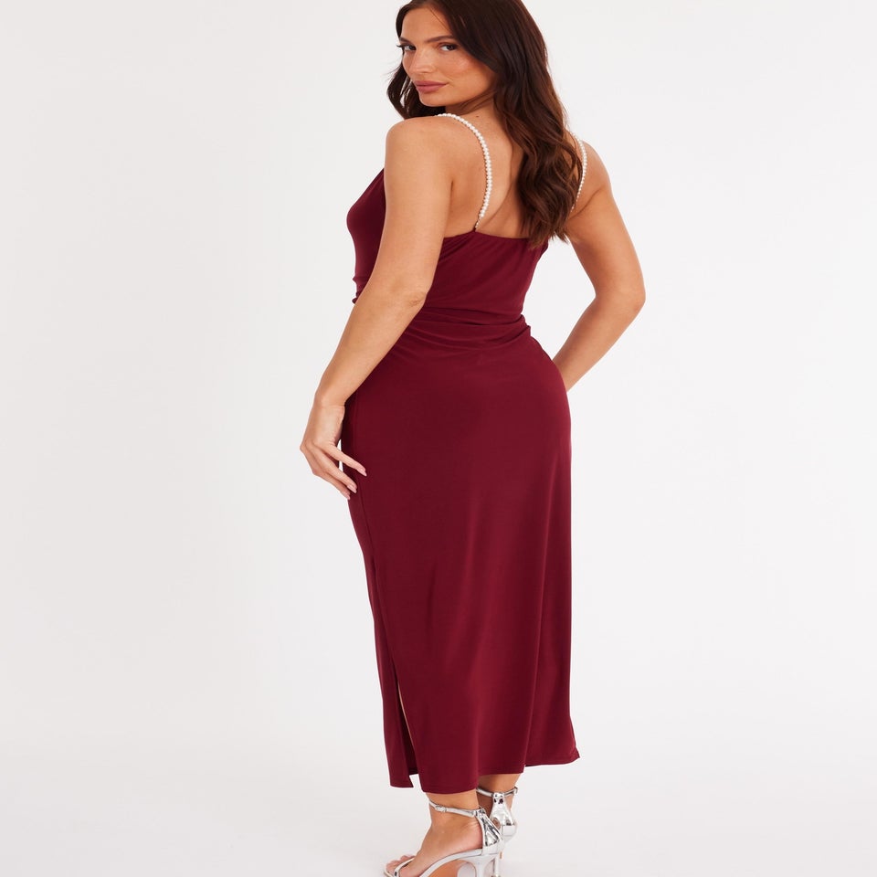 Quiz Burgundy Pearl Strap Midaxi Dress