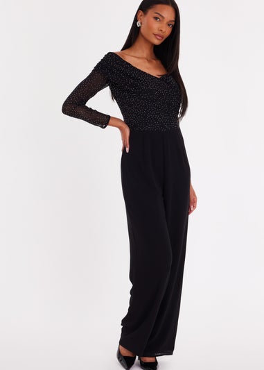 Quiz Black Diamante Bardot Jumpsuit
