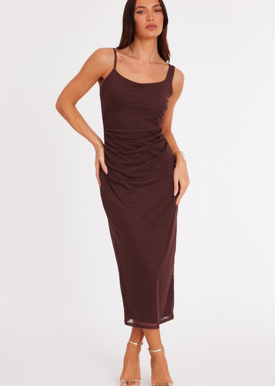 Quiz Brown Petite Glitter Ruffle Midaxi Dress