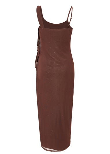 Quiz Brown Petite Glitter Ruffle Midaxi Dress