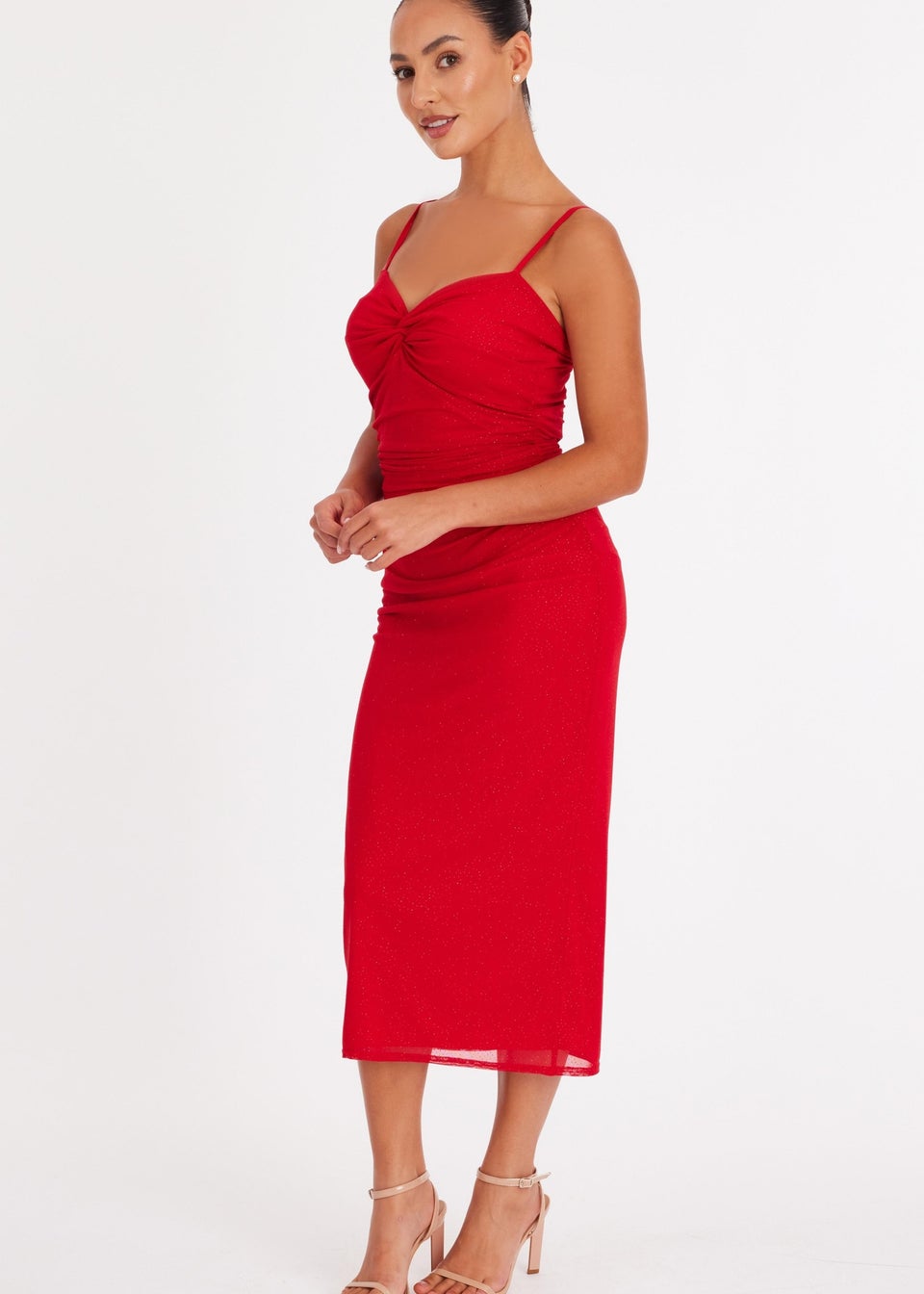 Quiz Red Petite Glitter Mesh Midaxi Dress