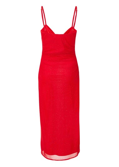 Quiz Red Petite Glitter Mesh Midaxi Dress