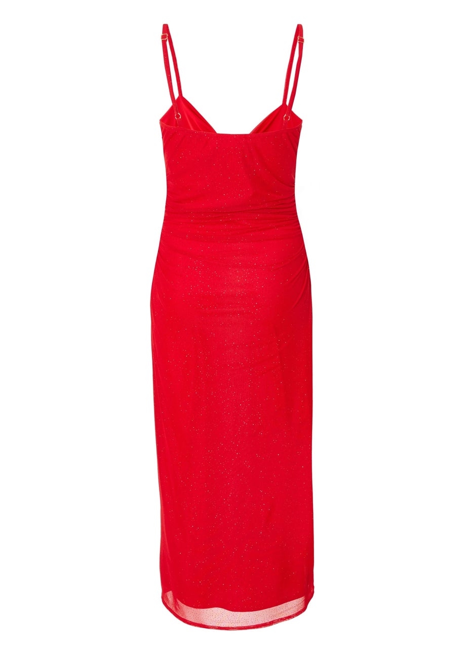 Quiz Red Petite Glitter Mesh Midaxi Dress