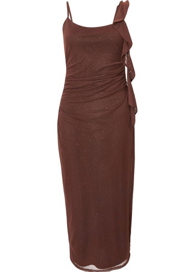 Quiz Brown Glitter Ruffle Midaxi Dress