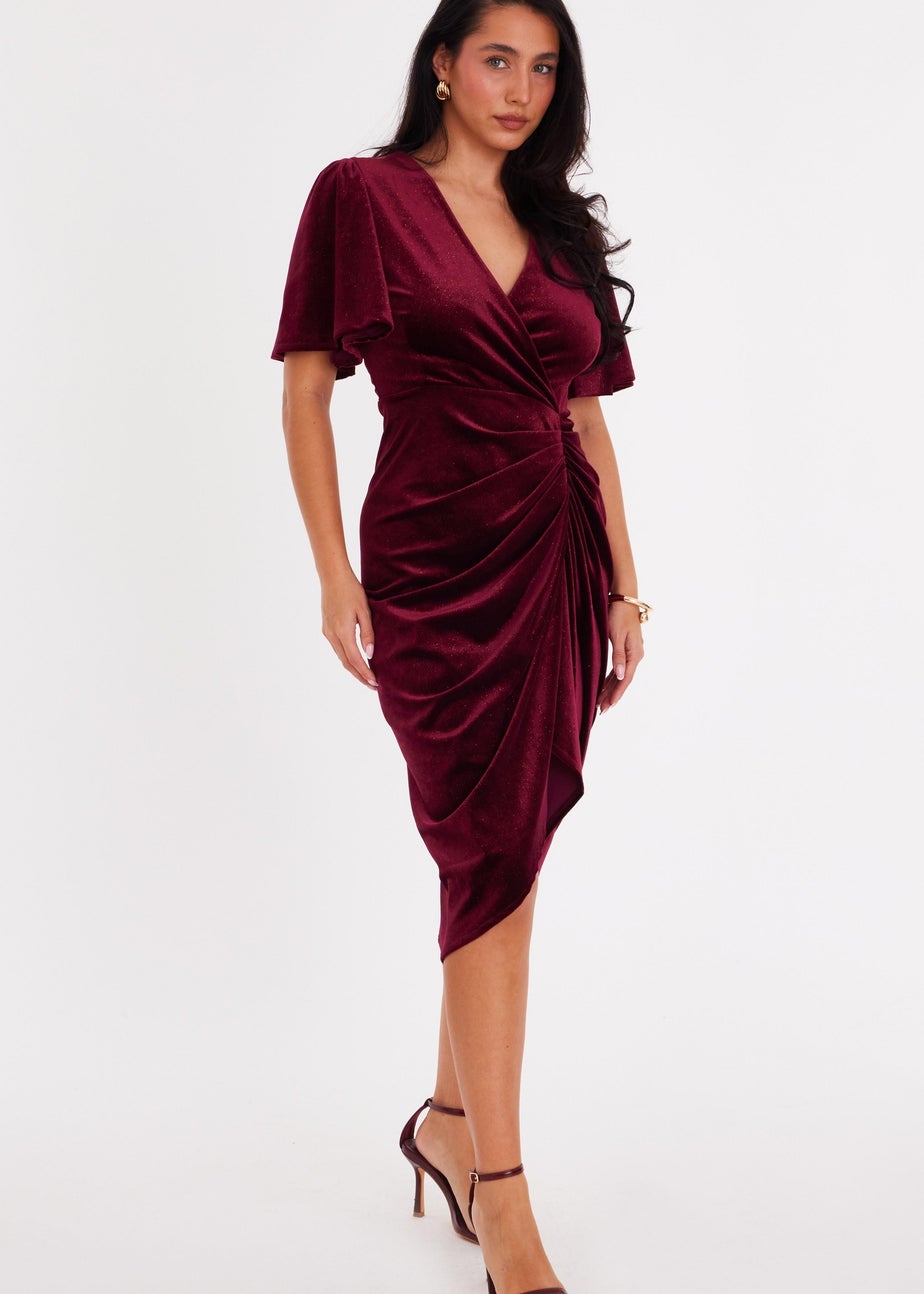 Quiz Burgundy Glitter Velvet Wrap Midi Dress