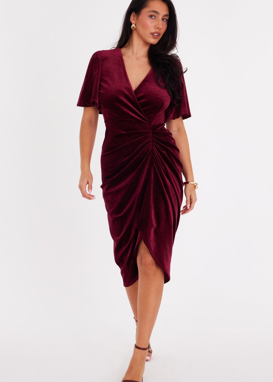 Quiz Burgundy Glitter Velvet Wrap Midi Dress