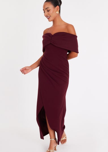 Quiz Burgundy Petite Bardot Wrap Maxi Dress