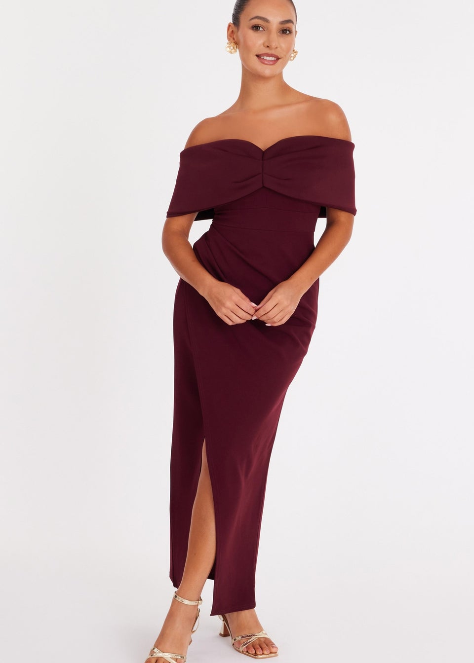 Quiz Burgundy Petite Bardot Wrap Maxi Dress