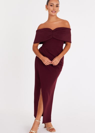 Quiz Burgundy Petite Bardot Wrap Maxi Dress