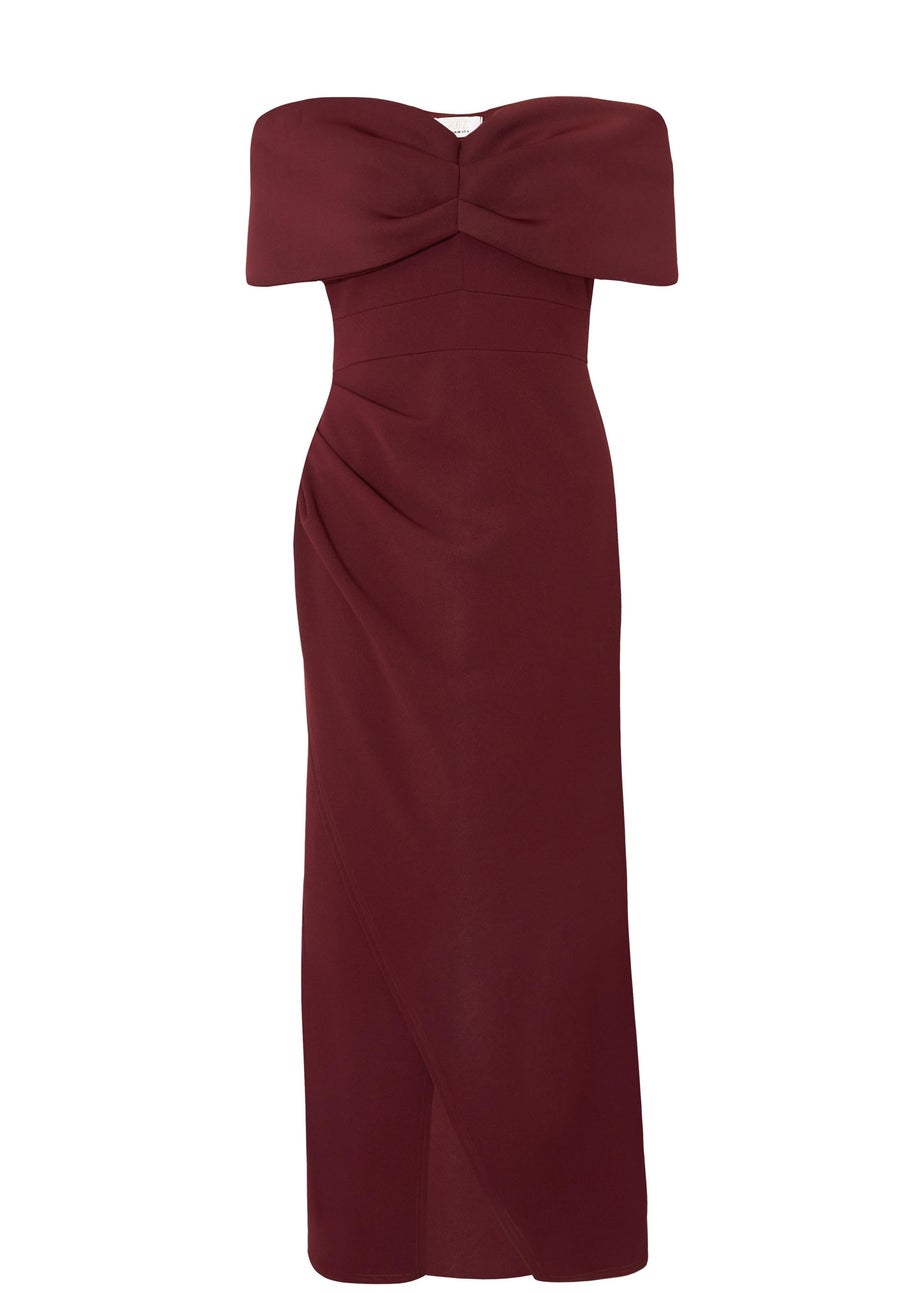 Quiz Burgundy Petite Bardot Wrap Maxi Dress