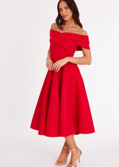 Quiz Red Pleated Bardot Midaxi Dress