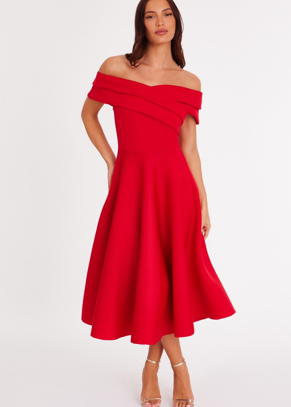 Quiz Red Pleated Bardot Midaxi Dress