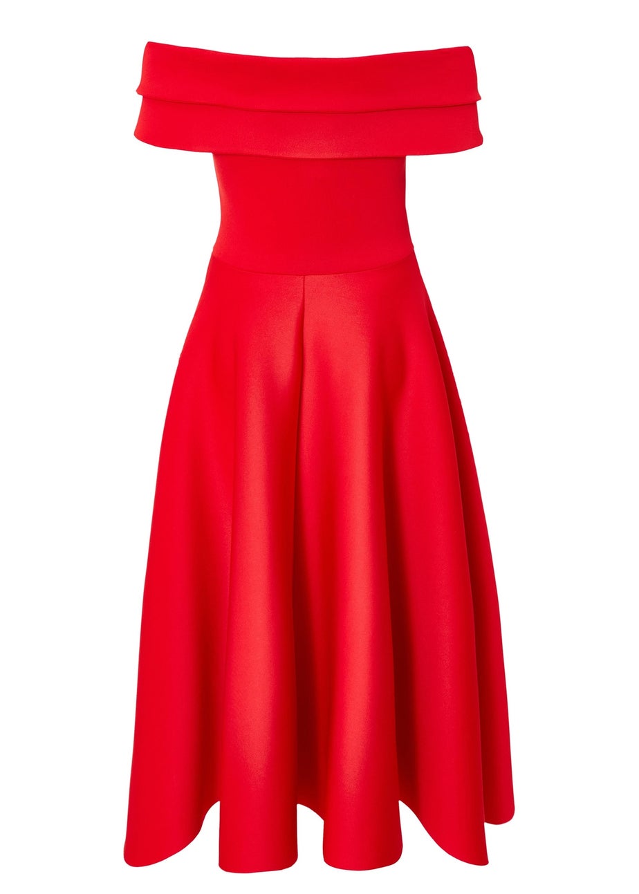 Quiz Red Pleated Bardot Midaxi Dress