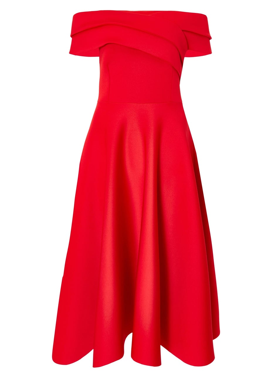 Quiz Red Pleated Bardot Midaxi Dress