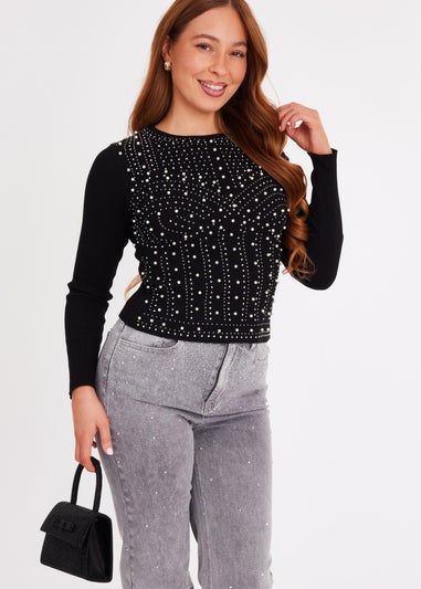 Quiz Black Embellished Long Sleeve Top