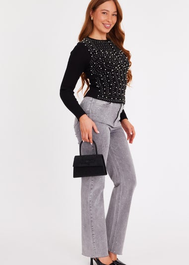 Quiz Black Embellished Long Sleeve Top